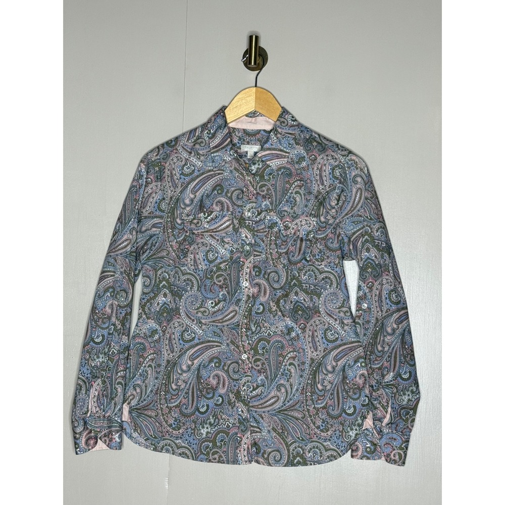 Talbots Petite S Paisley Button Down Shirt Blue Pink Green Long Sleeve